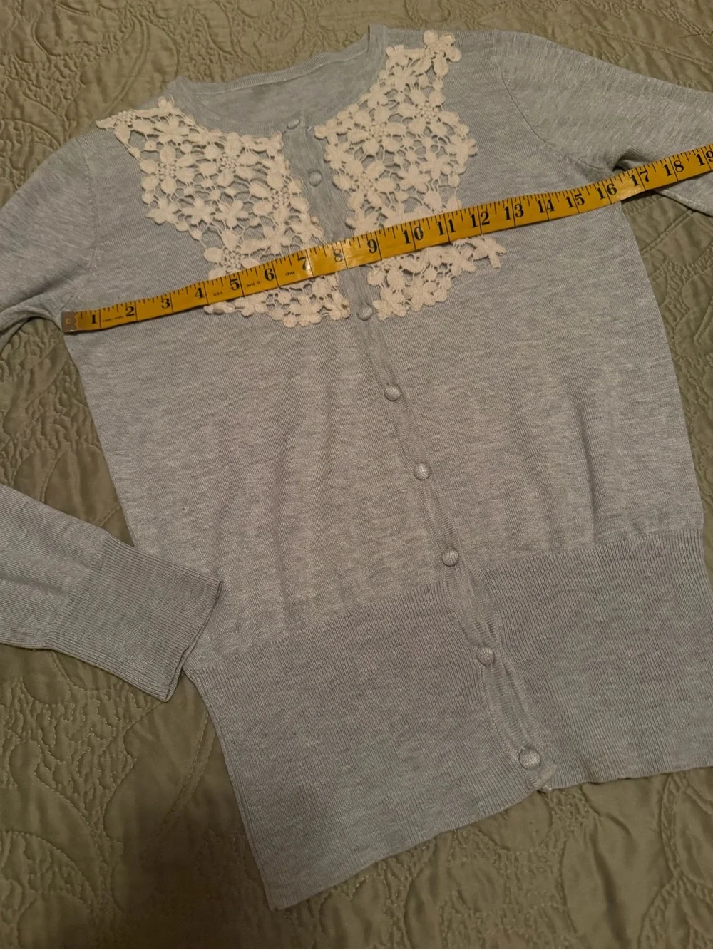 Silk Cotton Blend Gray Crew Neck Cardigan Sweater Cream Crochet Lace Yoke, S